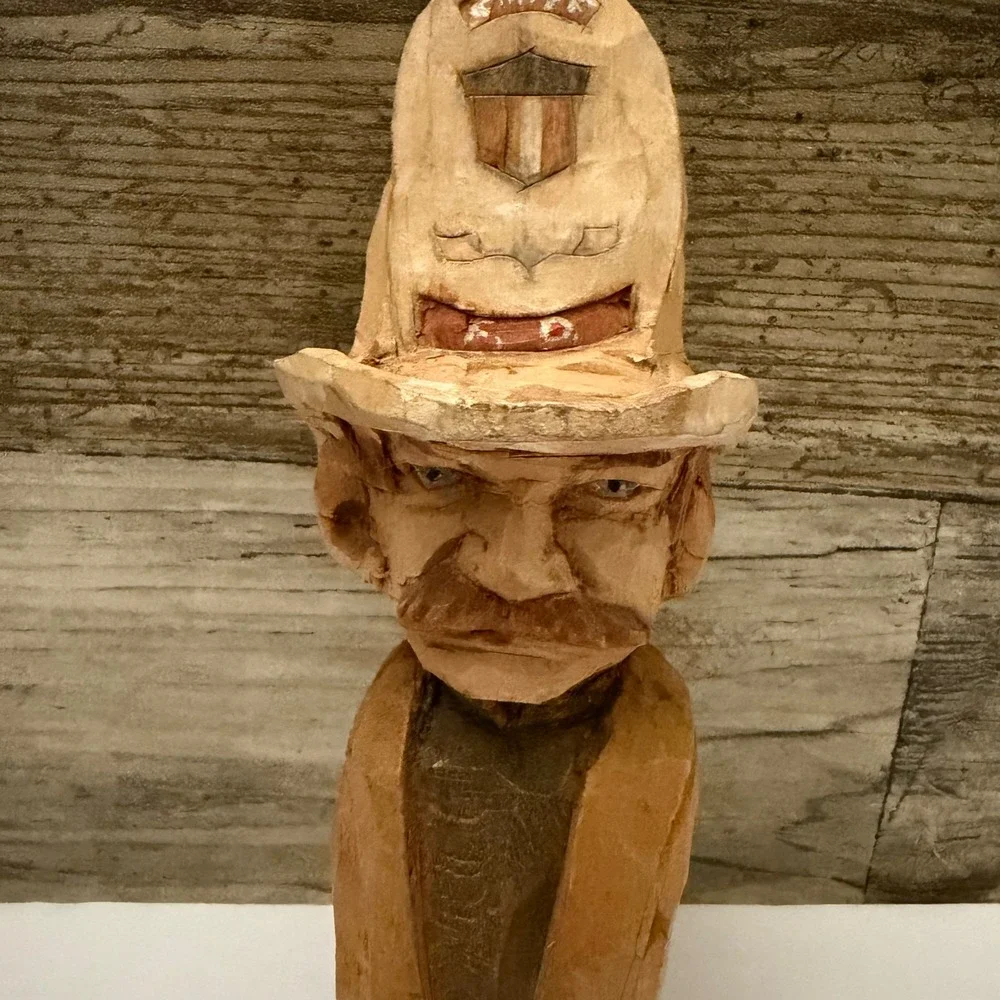 Hand Carved Wood Firefighter Chief Bottle Stopper Vintage Folk Art Fireman FD